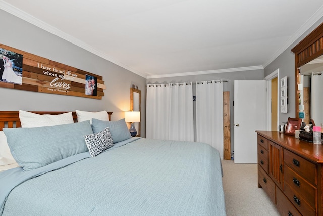 bedroom featuring ornamental molding and light colored carpet