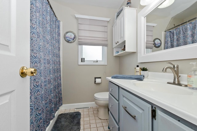 full bathroom featuring tile patterned flooring, visible vents, vanity, toilet, and baseboards