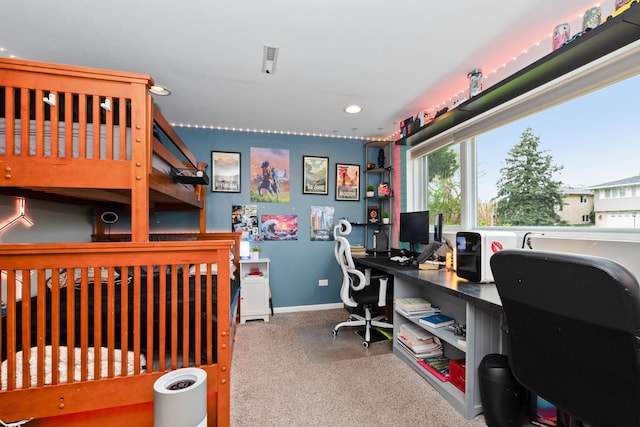 carpeted bedroom with recessed lighting and baseboards