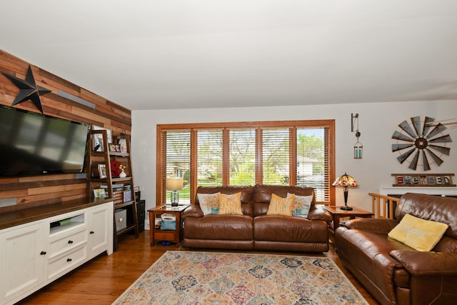 living area with wood walls, dark wood-style flooring, and a wealth of natural light