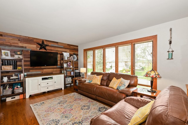living area with wood walls, dark wood-style floors, a healthy amount of sunlight, and an accent wall