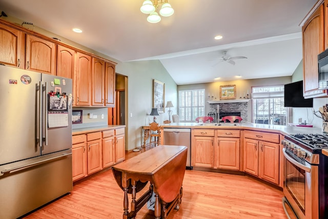 kitchen featuring a sink, a peninsula, a stone fireplace, stainless steel appliances, and a healthy amount of sunlight