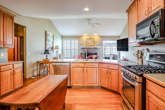 kitchen featuring plenty of natural light, vaulted ceiling, ceiling fan, and appliances with stainless steel finishes
