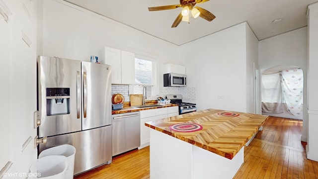 kitchen with light wood finished floors, a ceiling fan, a sink, and stainless steel appliances