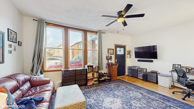 living area featuring ceiling fan and wood finished floors