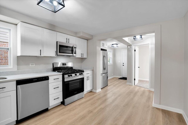 kitchen featuring white cabinetry, light countertops, stainless steel appliances, baseboards, and light wood-style floors