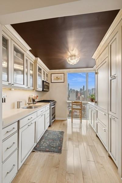 1555 N Dearborn Pkwy Unit 25Ab, Chicago, IL 60610 - kitchen featuring light wood finished floors, a sink, stainless steel appliances, glass insert cabinets, and light countertops