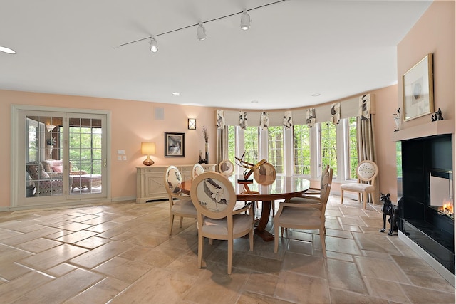 621 Chatfield Rd, New Lenox, IL 60451 - dining space featuring rail lighting, plenty of natural light, baseboards, a glass covered fireplace, and recessed lighting