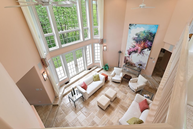 621 Chatfield Rd, New Lenox, IL 60451 - living area featuring ceiling fan, a towering ceiling, and french doors