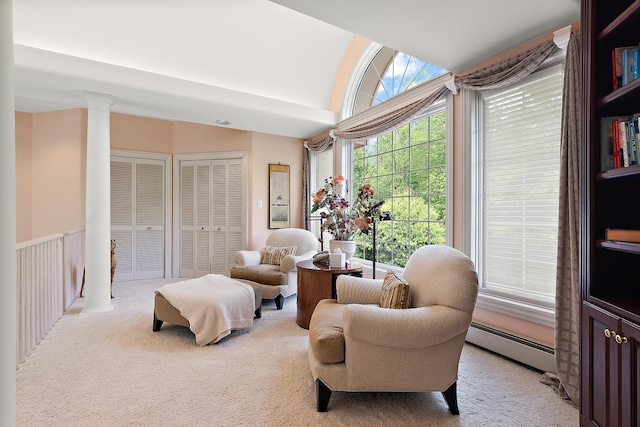 621 Chatfield Rd, New Lenox, IL 60451 - living area with a baseboard heating unit, ornate columns, and light carpet