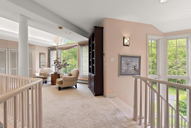 621 Chatfield Rd, New Lenox, IL 60451 - hallway with lofted ceiling, light carpet, baseboard heating, plenty of natural light, and baseboards
