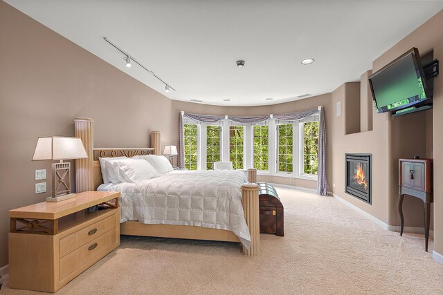 621 Chatfield Rd, New Lenox, IL 60451 - bedroom with light carpet, track lighting, a glass covered fireplace, baseboards, and recessed lighting