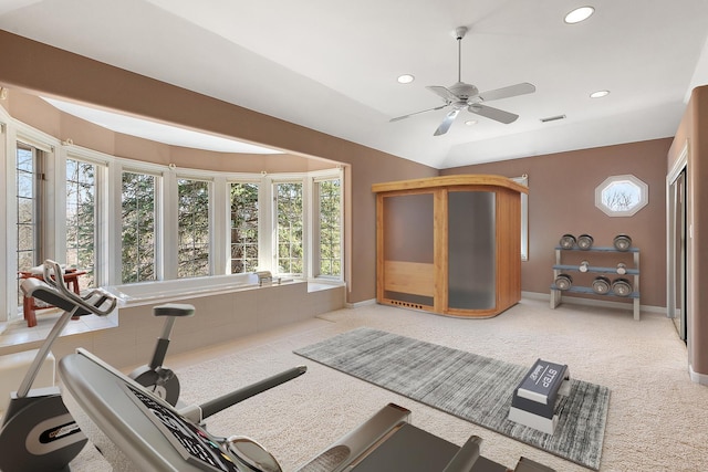 621 Chatfield Rd, New Lenox, IL 60451 - exercise room with recessed lighting, ceiling fan, light colored carpet, and baseboards