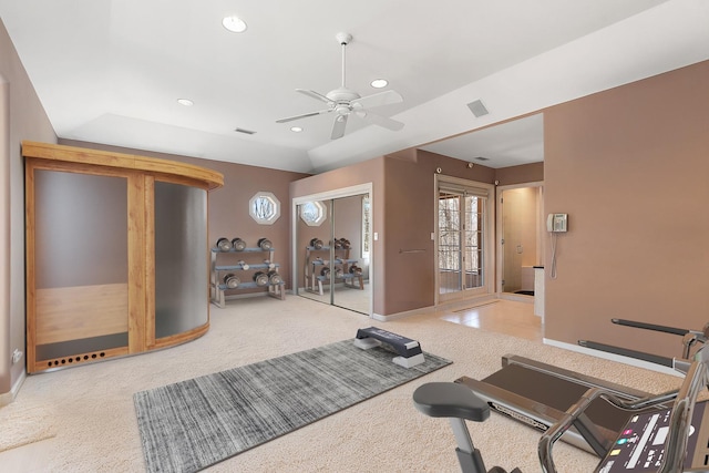 621 Chatfield Rd, New Lenox, IL 60451 - exercise room with light colored carpet, a ceiling fan, baseboards, and recessed lighting