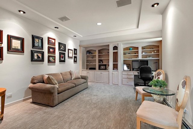 621 Chatfield Rd, New Lenox, IL 60451 - living area with carpet flooring, recessed lighting, baseboards, built in shelves, and a baseboard heating unit