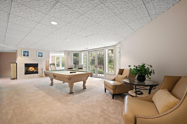 621 Chatfield Rd, New Lenox, IL 60451 - playroom with pool table, light colored carpet, a fireplace, and recessed lighting