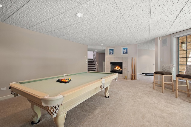 621 Chatfield Rd, New Lenox, IL 60451 - rec room with billiards, light colored carpet, and a tiled fireplace