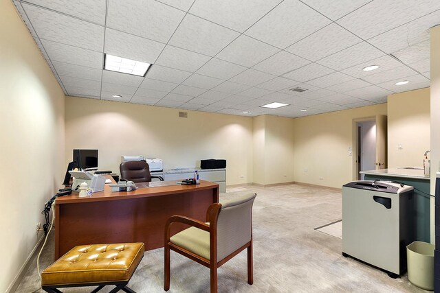 621 Chatfield Rd, New Lenox, IL 60451 - office space with a paneled ceiling, baseboards, light carpet, recessed lighting, and a sink