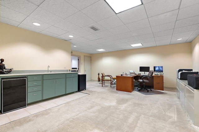 621 Chatfield Rd, New Lenox, IL 60451 - office space with wine cooler, light colored carpet, a sink, recessed lighting, and a paneled ceiling