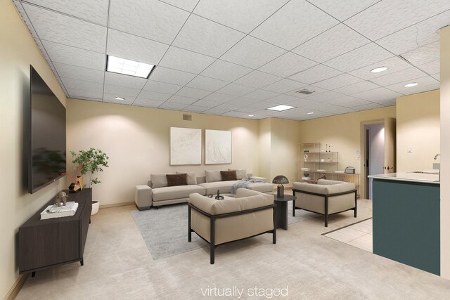621 Chatfield Rd, New Lenox, IL 60451 - living room with light colored carpet, a paneled ceiling, recessed lighting, and baseboards