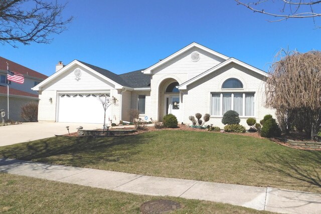 ranch-style house with an attached garage, driveway, brick siding, and a front yard
