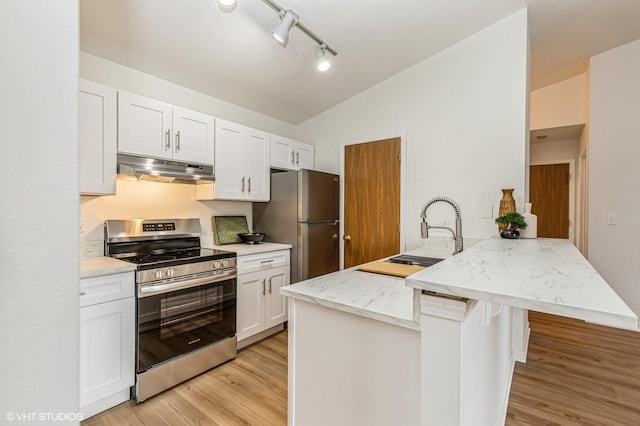 kitchen featuring a sink, light wood-style floors, appliances with stainless steel finishes, a peninsula, and under cabinet range hood