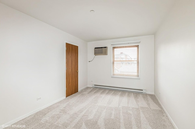 carpeted empty room featuring baseboards, baseboard heating, and an AC wall unit