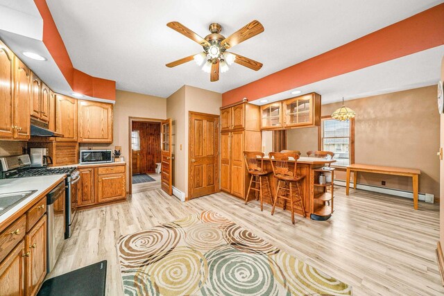 2513 Woods St, West Brooklyn, IL 61378 - kitchen with a ceiling fan, light wood finished floors, appliances with stainless steel finishes, under cabinet range hood, and a baseboard heating unit