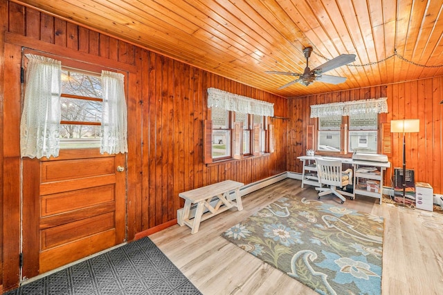 2513 Woods St, West Brooklyn, IL 61378 - office area with a ceiling fan, wooden ceiling, wooden walls, and wood finished floors