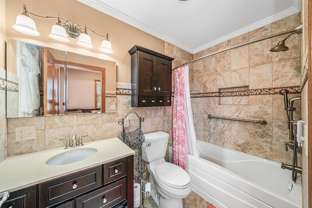 2513 Woods St, West Brooklyn, IL 61378 - bathroom with crown molding, toilet, vanity, shower / bathtub combination with curtain, and tile walls
