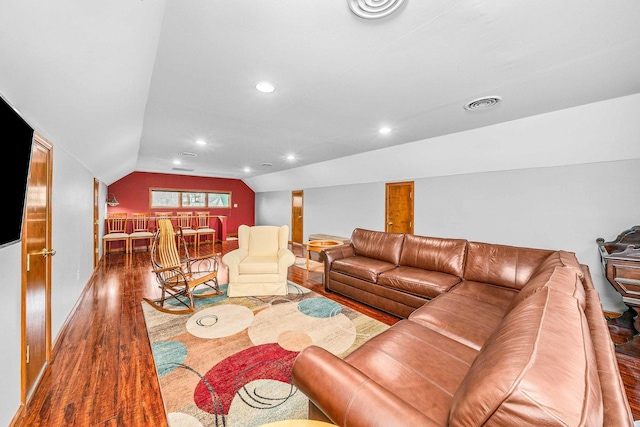 2513 Woods St, West Brooklyn, IL 61378 - living room featuring visible vents, wood finished floors, lofted ceiling, and recessed lighting