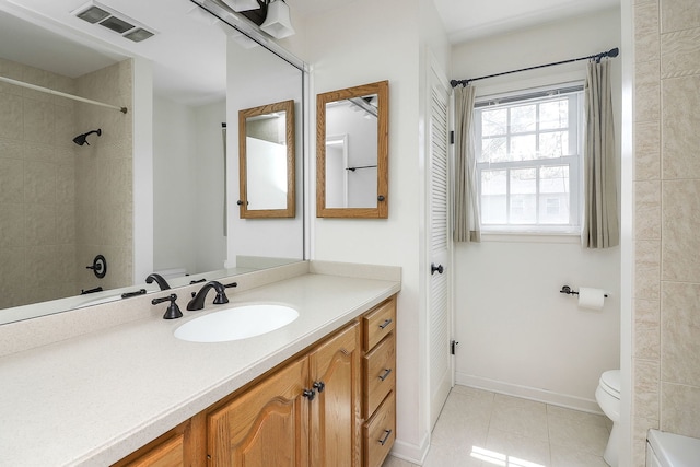 416 E Bauer Rd, Naperville, IL 60563 - bathroom featuring tile patterned floors, toilet, vanity, visible vents, and a shower