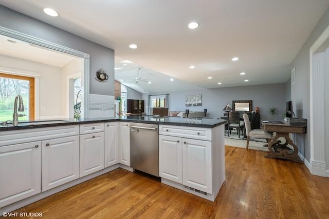1485 Lexington Rd, Green Oaks, IL 60048 - kitchen with dishwasher, a sink, white cabinets, light wood-type flooring, and plenty of natural light