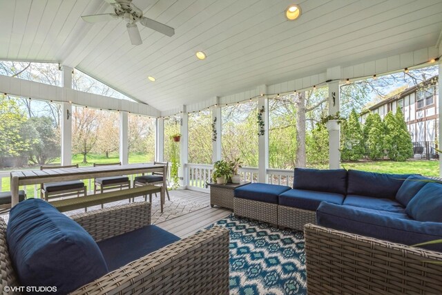 1485 Lexington Rd, Green Oaks, IL 60048 - sunroom / solarium with an outdoor hangout area, a ceiling fan, and lofted ceiling