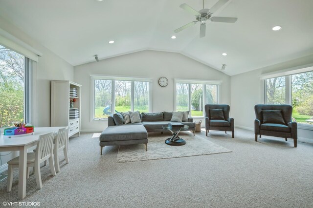 1485 Lexington Rd, Green Oaks, IL 60048 - living room featuring plenty of natural light, carpet flooring, vaulted ceiling, recessed lighting, and a ceiling fan