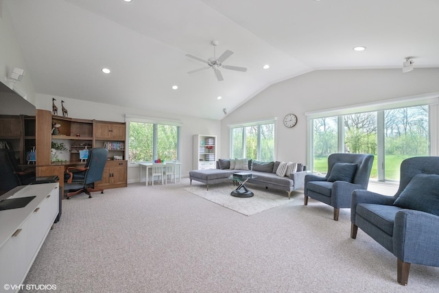 1485 Lexington Rd, Green Oaks, IL 60048 - living room with light colored carpet, recessed lighting, lofted ceiling, an office area, and a ceiling fan
