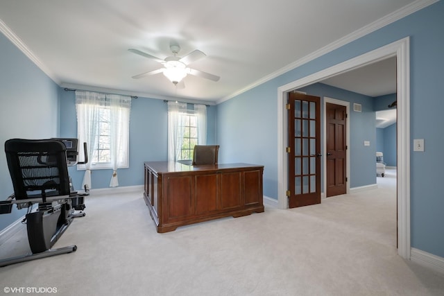 1485 Lexington Rd, Green Oaks, IL 60048 - office with light carpet, ceiling fan, ornamental molding, and baseboards