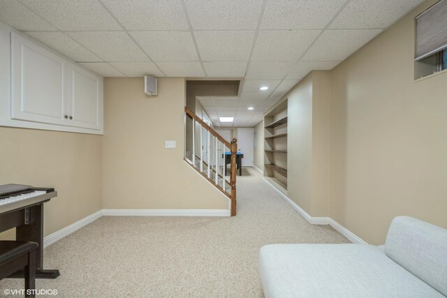 1485 Lexington Rd, Green Oaks, IL 60048 - sitting room featuring carpet floors, stairway, a paneled ceiling, baseboards, and recessed lighting