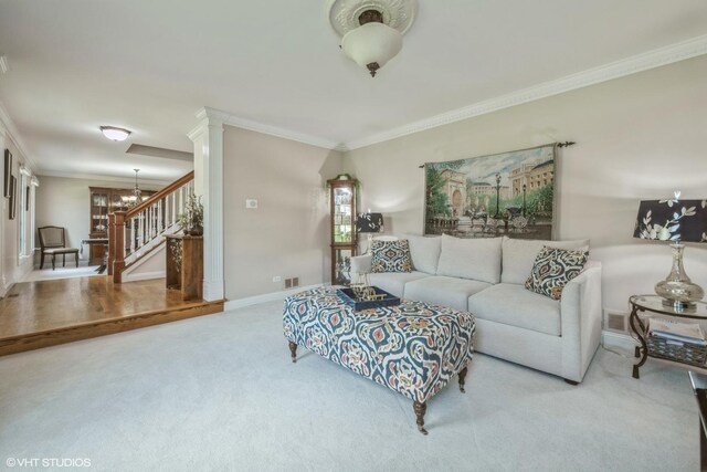 1485 Lexington Rd, Green Oaks, IL 60048 - living room with stairway, ornamental molding, carpet flooring, a chandelier, and baseboards