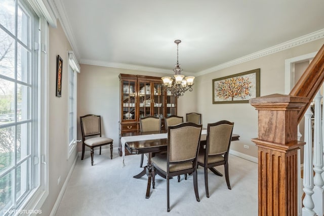 1485 Lexington Rd, Green Oaks, IL 60048 - dining room featuring a chandelier, light carpet, baseboards, ornamental molding, and healthy amount of natural light