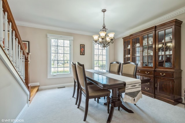 1485 Lexington Rd, Green Oaks, IL 60048 - dining space featuring a chandelier, baseboards, crown molding, light colored carpet, and stairway