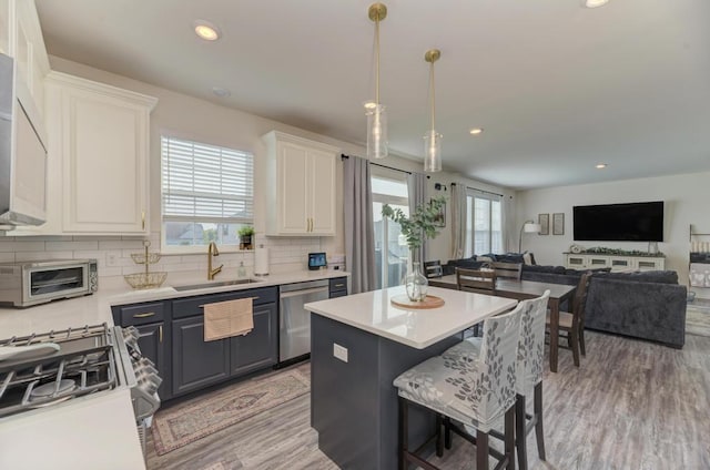 2034 Ingemunson Ln, Yorkville, IL 60560 - kitchen featuring a sink, appliances with stainless steel finishes, open floor plan, light wood-type flooring, and white cabinets