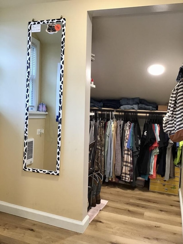 walk in closet with wood finished floors