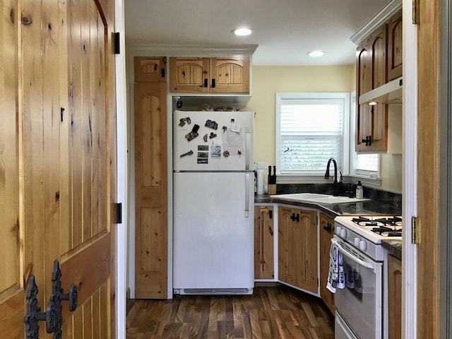 kitchen with dark countertops, a sink, white appliances, dark wood-type flooring, and under cabinet range hood