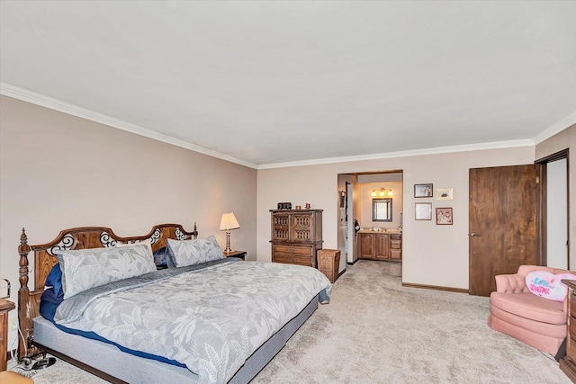 145 Markev Ln, New Lenox, IL 60451 - bedroom with light carpet, baseboards, connected bathroom, and ornamental molding