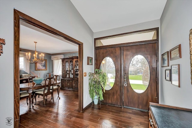 145 Markev Ln, New Lenox, IL 60451 - entrance foyer with vaulted ceiling, dark wood-style flooring, and a chandelier