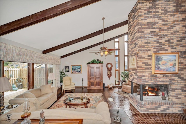 145 Markev Ln, New Lenox, IL 60451 - living room with dark wood-style floors, beam ceiling, baseboards, a brick fireplace, and high vaulted ceiling
