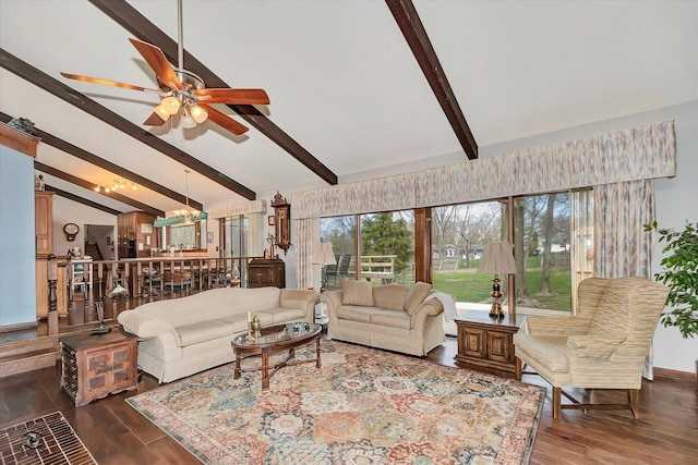 145 Markev Ln, New Lenox, IL 60451 - living area with vaulted ceiling with beams, dark wood-style floors, and ceiling fan with notable chandelier
