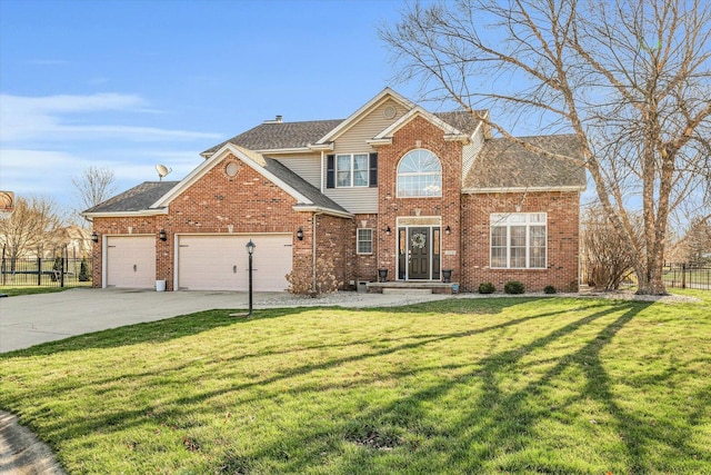 traditional home with fence, an attached garage, concrete driveway, brick siding, and a front lawn