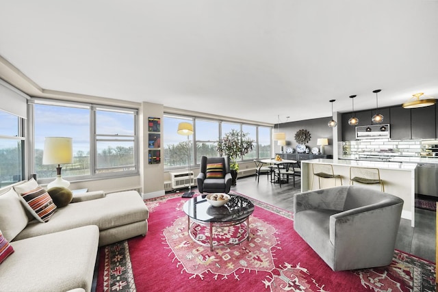 living room featuring a wall mounted AC, baseboards, and wood finished floors
